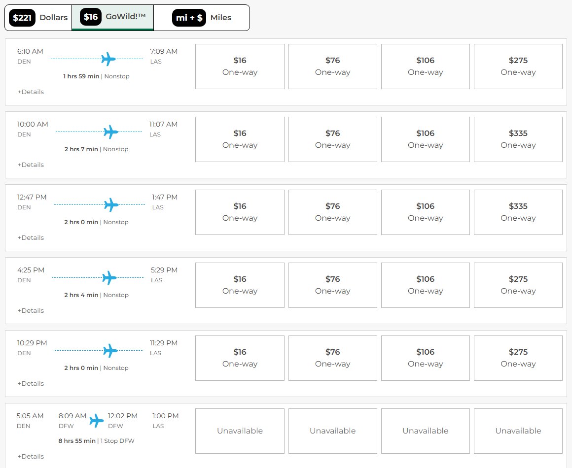 Frontier booking page with the GoWild toggle active showing 16 dollar fares and unavailable flights