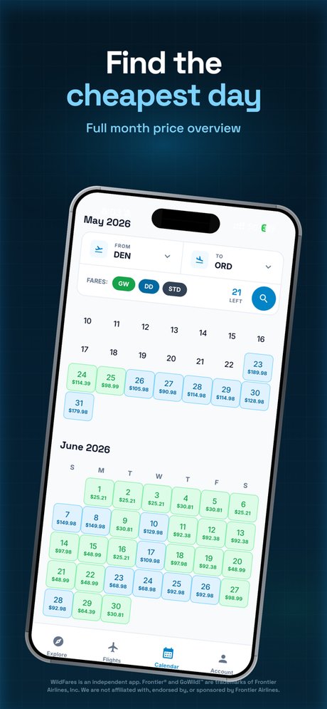 WildFares iOS app calendar view showing GoWild prices for a full month