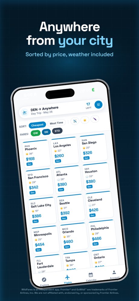 WildFares iOS app day trip search results