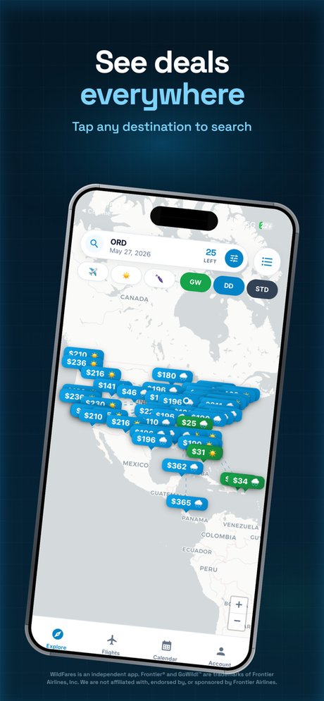 WildFares iOS app map with GoWild prices across the network