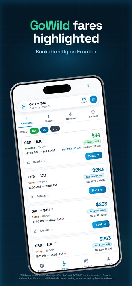 WildFares iOS app flight results with GoWild fares and seat counts